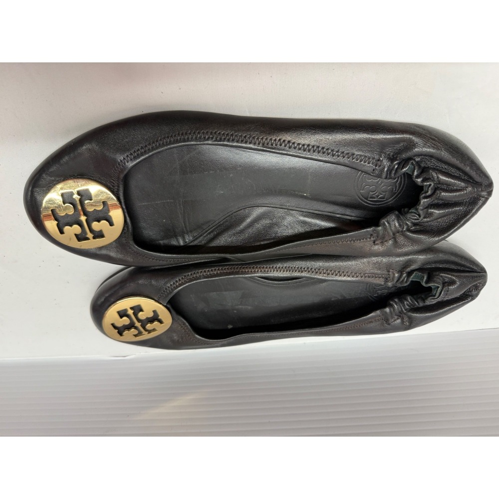 Tory Burch Reva Black Leather Gold‎ Logo Medallion Ballet Flats 11 - Picture 4 of 13